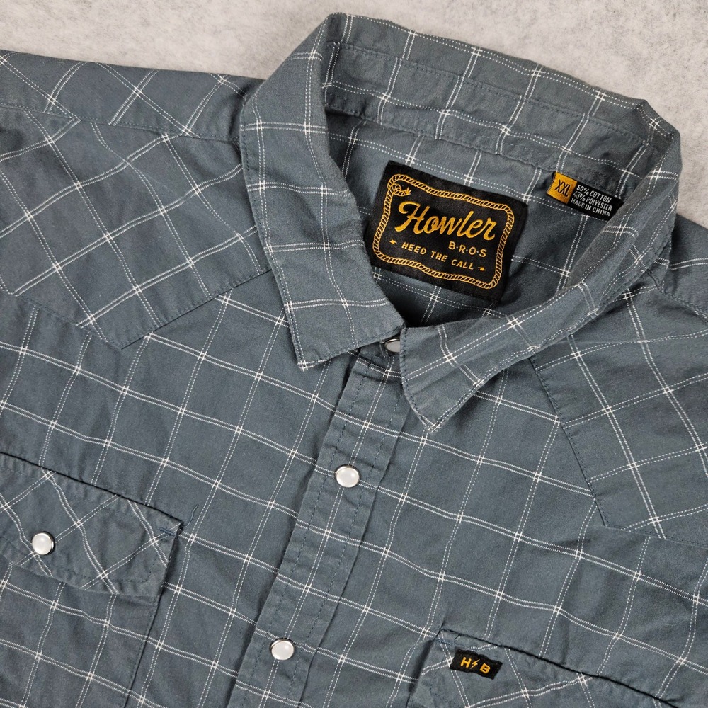 Howler Bros (Men's XXL) Blue Shirt Short Sleeve Western Pearl Snap Plaid H Bar B